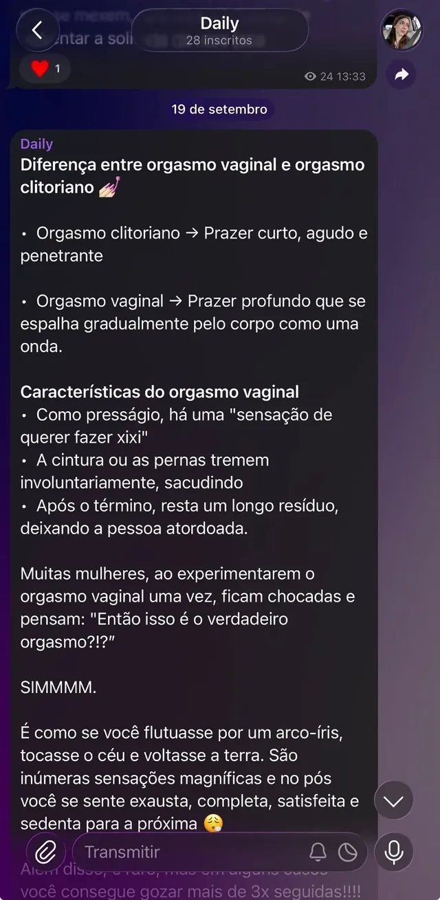 Mensagem do Daily de 19 de setembro sobre a diferença entre orgasmo vaginal e orgasmo clitoriano.